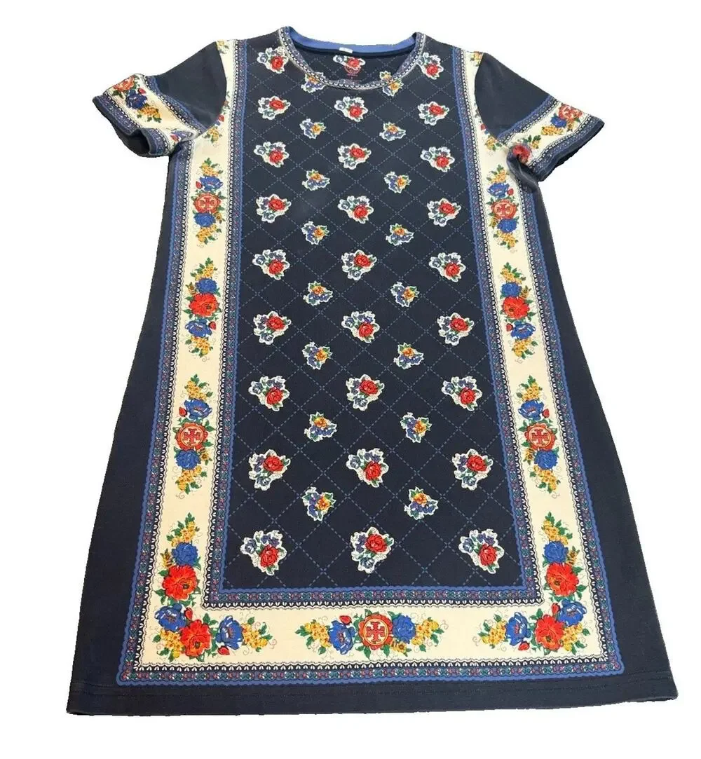 Tory Burch Women’s S Floral Pima Cotton T-Shirt Dress Navy Blue Scarf Print